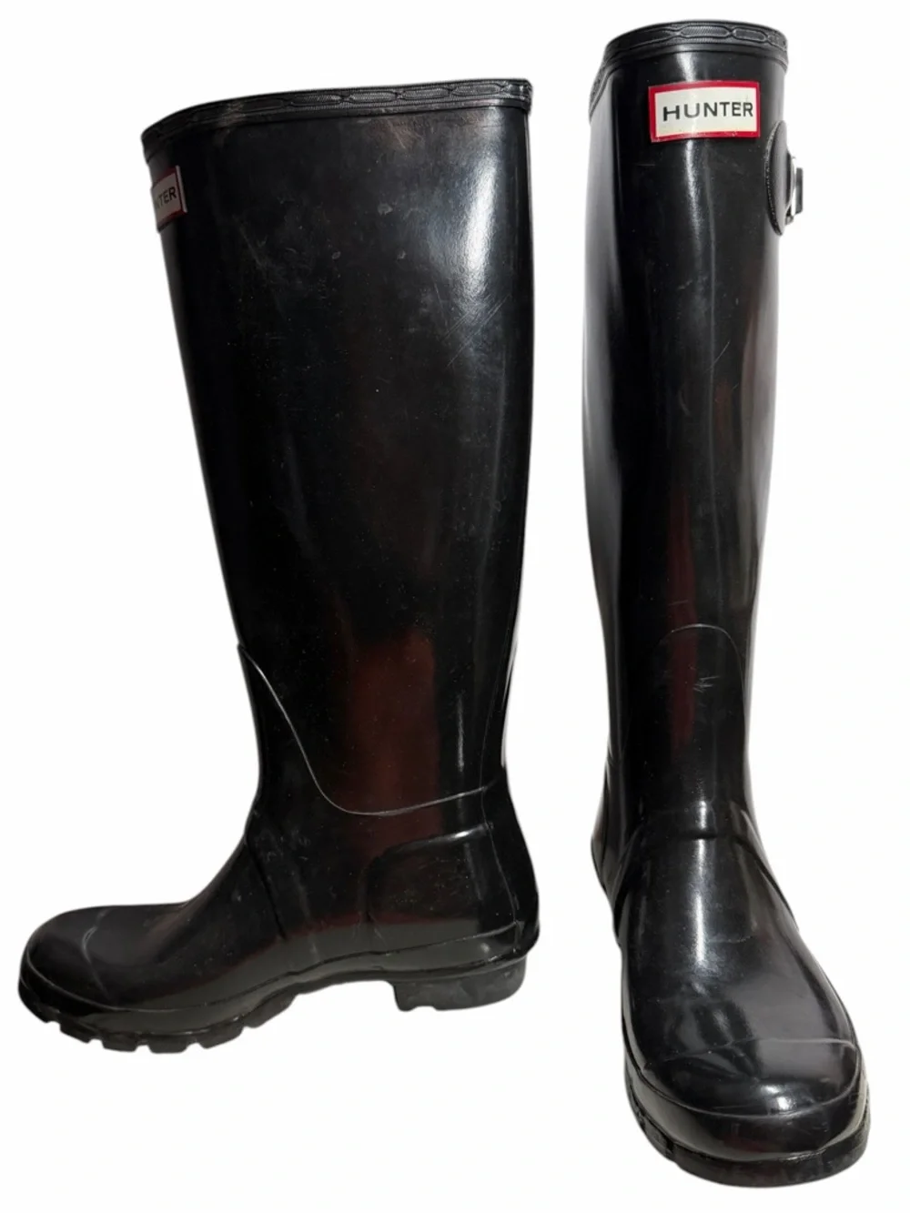 Hunter Gloss Black Knee-High Rain Boots with Side Buckle - Women’s Size 6